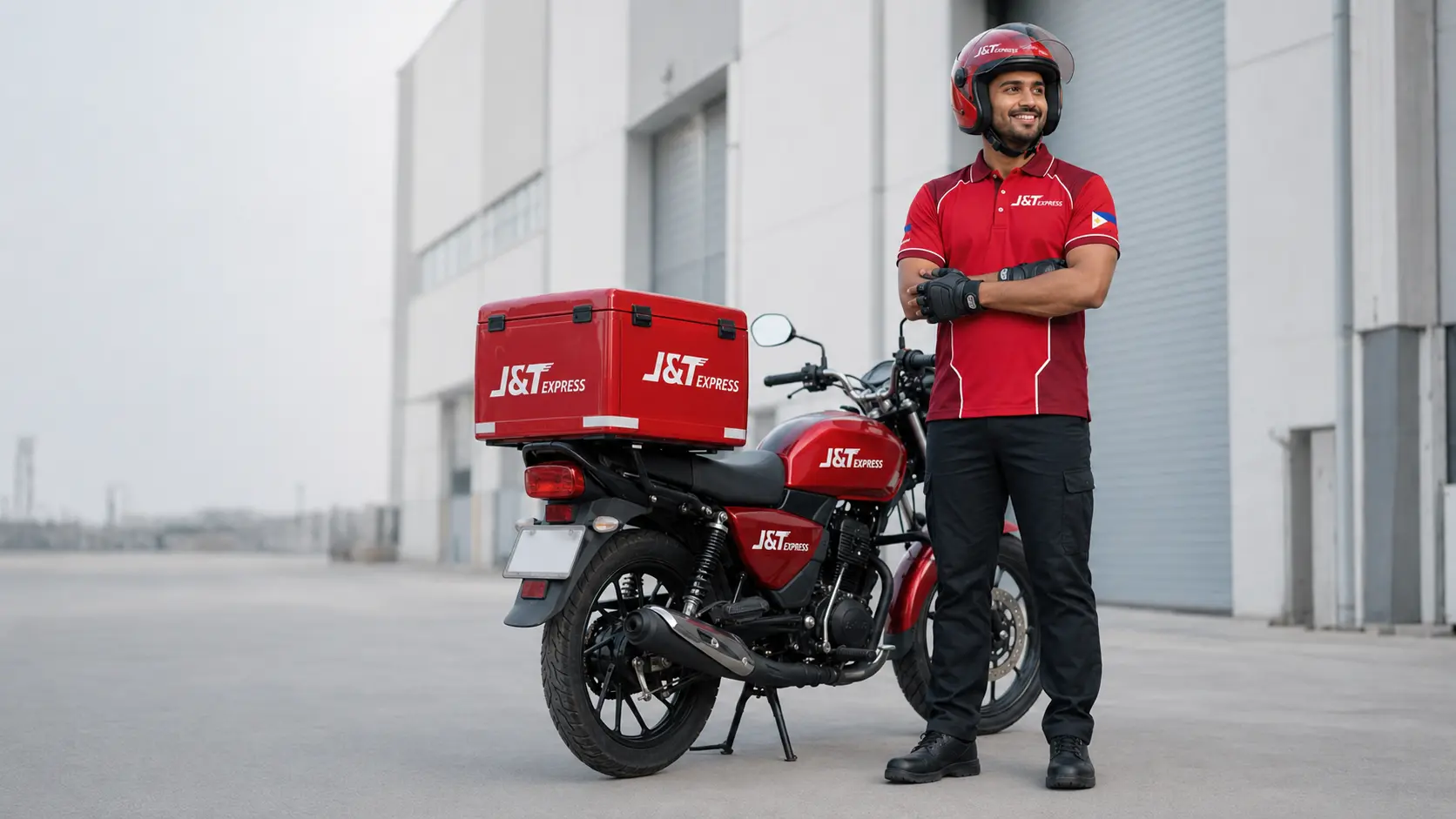 Representative South Asian delivery rider wearing J&T Express-branded equipment beside a J&T Express-branded motorcycle