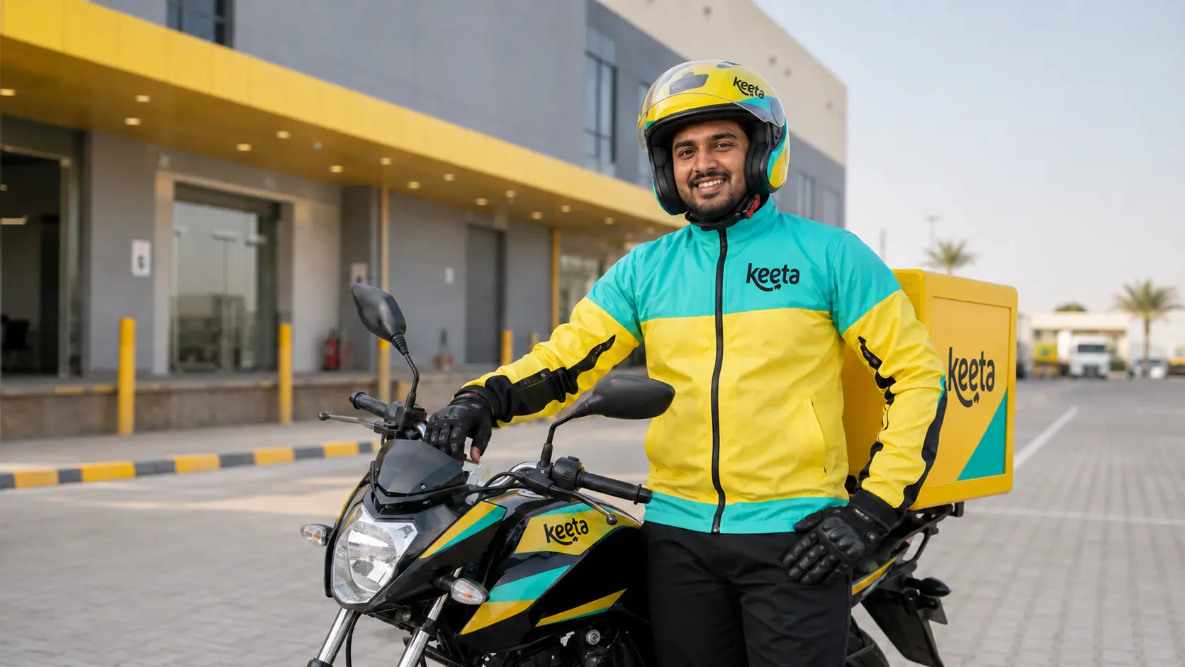 Representative South Asian delivery rider wearing Keeta-branded equipment beside a Keeta-branded motorcycle