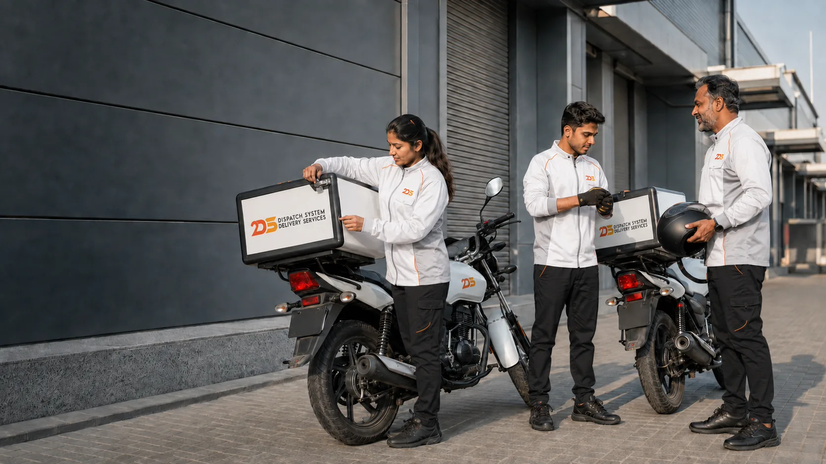 Organised 2DS-branded delivery motorcycles, delivery boxes and riders ready for deployment in a UAE logistics facility