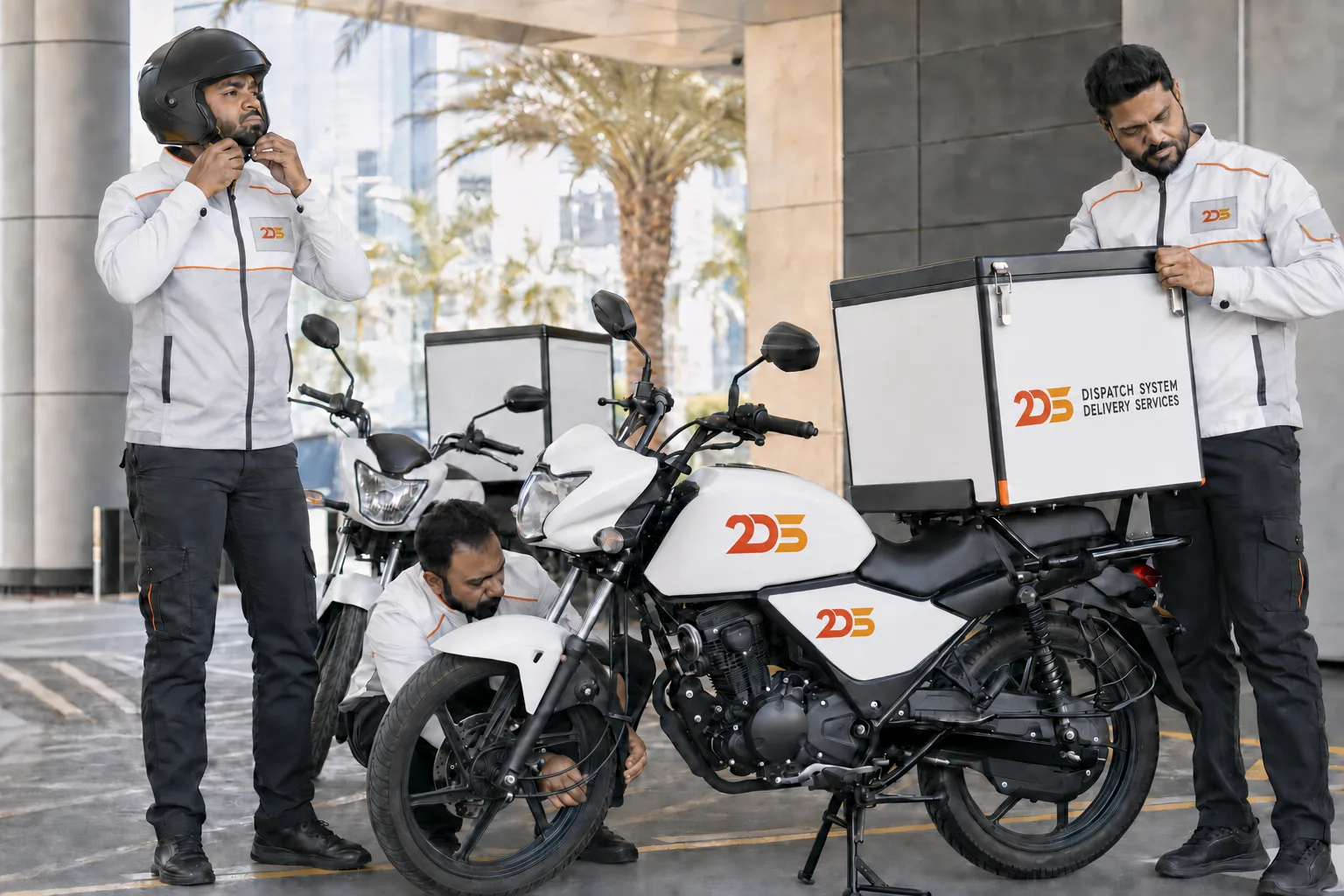 Distinct South Asian delivery riders completing safety checks in professionally branded 2DS uniforms beside branded motorcycles and a delivery box in the UAE
